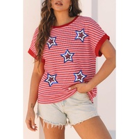 Pink Stripe Sequined Star Independence Knitted Summer T Shirt - M thumbnail