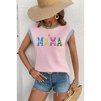 Pink Sequined MAMA Graphic Corded Rib Knit Colorblock T Shirt - L thumbnail