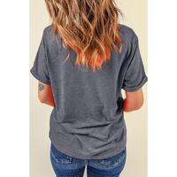 Gray US Flag Bow Print Round Neck Loose T Shirt - M thumbnail
