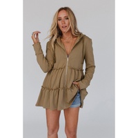 Khaki Tiered Ruffled Zip-Up Drawstring Hooded Jacket - S thumbnail