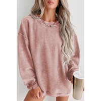 Pink Solid Ribbed Knit Round Neck Pullover Sweatshirt - M thumbnail