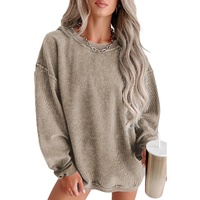 Khaki Solid Ribbed Knit Round Neck Pullover Sweatshirt - M thumbnail