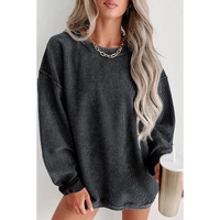 Black Solid Ribbed Knit Round Neck Pullover Sweatshirt - L thumbnail