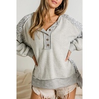 Gray Leopard Patchwork Exposed Seam Buttoned Neck Sweatshirt - S thumbnail