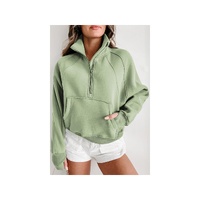 Smoke Green Fleece Lined Zip Up Stand Collar Thumbhole Sleeve Sweatshirt - 2XL thumbnail