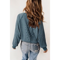 Sea Green Waffle Knit Raglan Sleeve Henley Sweatshirt - L thumbnail