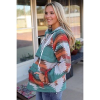 Multicolor Aztec Print Zipped Split Neck Hoodie - S thumbnail