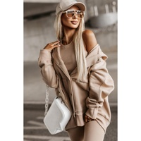 Beige Solid Color Pocketed Button Up Loose Hoodie - L thumbnail