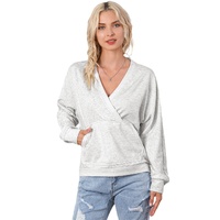 Gray Contrast Trim V Neck Wrap Sweatshirt with Pocket - L thumbnail