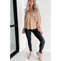 Khaki Buttoned V Neck Drawstring Knit Hoodie - M thumbnail