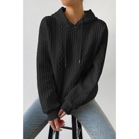 Black Cable Textured Casual Drawstring Hoodie - S thumbnail