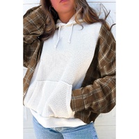White Waffle Patch Plaid Sleeve Kangaroo Pocket Hoodie - XL thumbnail