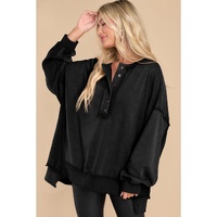 Black Oversized Exposed Seam Henley Sweatshirt - S thumbnail