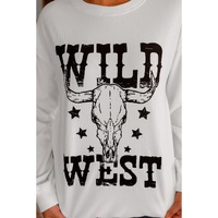 White WILD WEST Steer Skull Graphic Ribbed Sweatshirt - M thumbnail