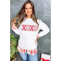 White XOXO Glitter Chenille Cable Knit Pullover Sweatshirt - 2XL thumbnail