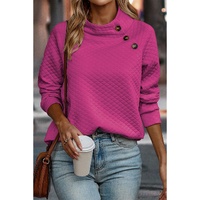 Rose Quilted Buttoned Neckline Stand Neck Pullover Sweatshirt - S thumbnail