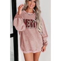 Pink MERRY Christmas Plaid Leopard Print Corded Sweatshirt - S thumbnail