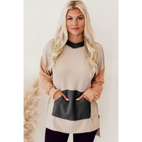 Smoke Gray Color Block High Low Textured Hoodie - S thumbnail