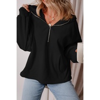 Black Fleece Lined Half Zipper Kangaroo Pockets Loose Hoodie - M thumbnail