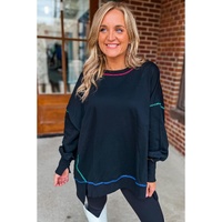 Black Contrast Stitching Split Baggy Sweatshirt - S thumbnail