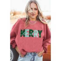 Strawberry Pink MERRY Christmas Corded Pullover Sweatshirt - L thumbnail