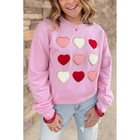 Pink Glitter Chenille Heart Patch Valentines Sweatshirt - S thumbnail