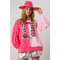 Pink Color Block Sequined Cowgirl Boots Graphic Sweatshirt - 2XL thumbnail