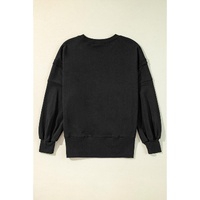 Black Exposed Seam Drop Shoulder Round Neck Sweatshirt with Slits - M thumbnail