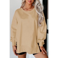 Light French Beige Exposed Seam Drop Shoulder Round Neck Sweatshirt with Slits - 2XL thumbnail