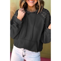 Black Solid Color Rivet Stud Raglan Sleeve Hoodie with Pocket - M thumbnail