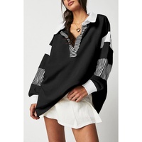 Black Striped Colorblock Patchwork Collar Sweatshirt - M thumbnail