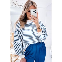 Blue Stripe Drop Shoulder Crew Neck Loose Sweatshirt - L thumbnail
