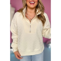 Beige Solid Textured Half Zipper Collared Sweatshirt - L thumbnail