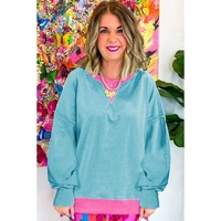 Light Blue Colorblock Patchwork Crew Neck Loose Sweatshirt - L thumbnail