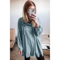 Iceland Blue Solid Ruffled Hem Loose Fit Tunic Hoodie - L thumbnail