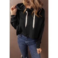 Black Solid Drop Shoulder Drawstring Cropped Hoodie - M thumbnail