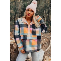 Black Plaid Print Pocketed Half Button Collared Sweatshirt - L thumbnail