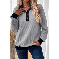 Light Grey Textured Colorblock Edge Buttoned Collar Sweatshirt - L thumbnail