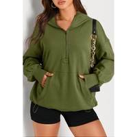 Moss Green Solid Kangaroo Pocket Half Zipper Oversized Hoodie - 2XL thumbnail