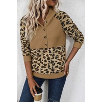 Light French Beige Leopard Print Patchwork Raglan Sleeve Half Buttons Hoodie - L thumbnail
