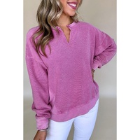 Bright Pink Solid Color Notched Neck Drop Shoulder Sweatshirt - 2XL thumbnail