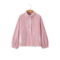 Fushia Stand Neck Half Button Zip Pocket Plush Sweatshirt - L thumbnail