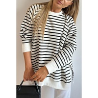 Black Stripe Raglan Sleeve Side Slits Loose Sweatshirt - L thumbnail