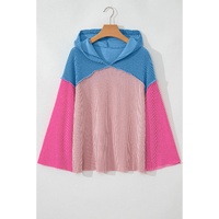 Pink Color Block Patchwork Corded Knit Loose Fit Hooded Blouse - L thumbnail