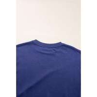 Navy Blue Plain Drop Shoulder Crewneck Pullover Sweatshirt - L thumbnail