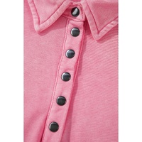 Pink Solid Snap Buttons Collared Balloon Sleeve Oversized Sweatshirt - S thumbnail