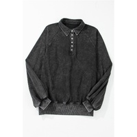 Black Solid Snap Buttons Collared Balloon Sleeve Oversized Sweatshirt - M thumbnail