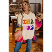 Apricot THANKS Chenille Embroidered Drop Shoulder Graphic Sweatshirt - L thumbnail