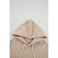 Khaki Checkered Print Kangaroo Pocket Drawstring Hoodie - L thumbnail