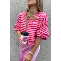 Sachet Pink Striped Print Crew Neck Drop Shoulder Sweatshirt - L thumbnail